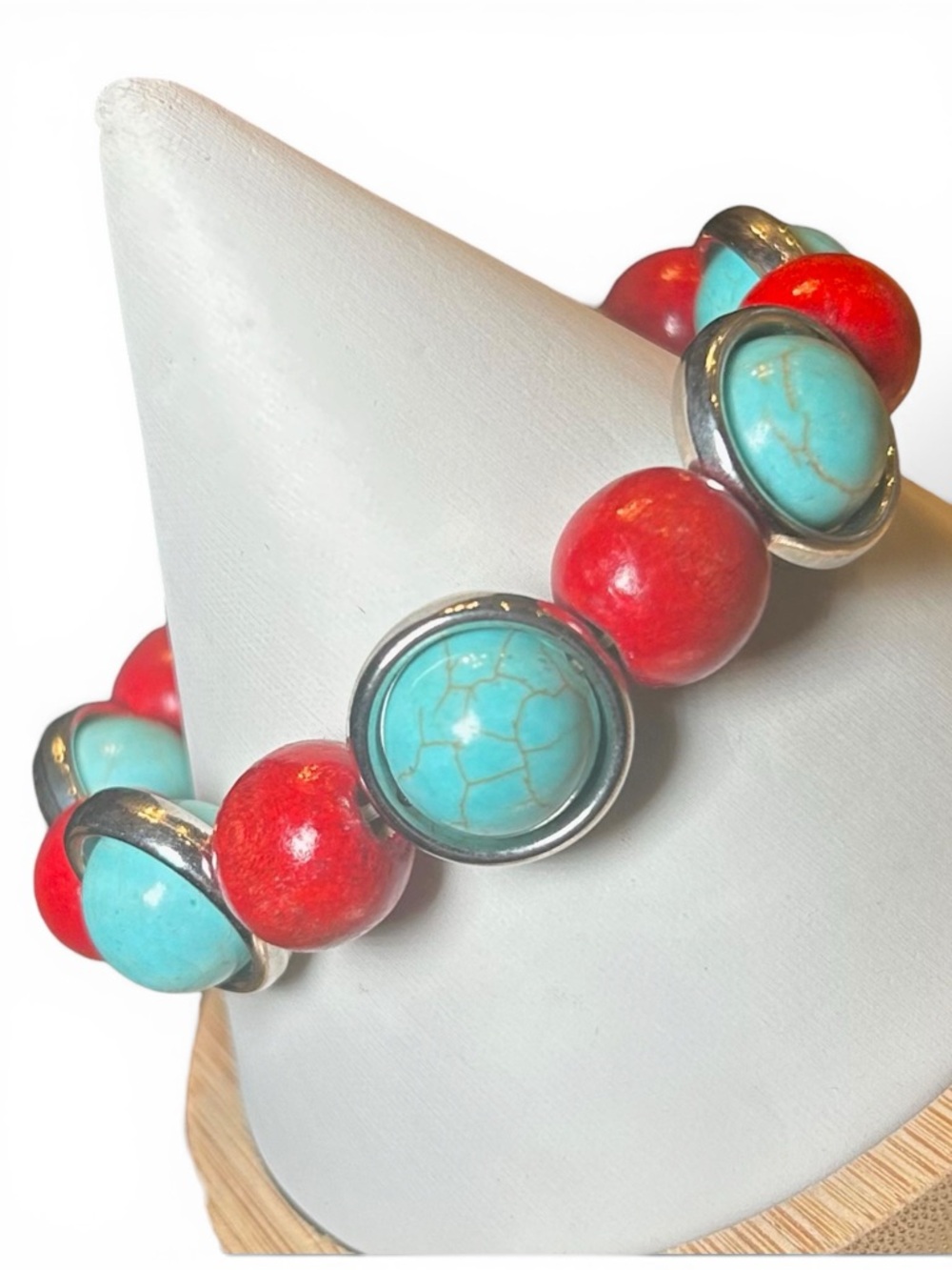 Vintage Turquoise and Red Coral Beaded Bracelet